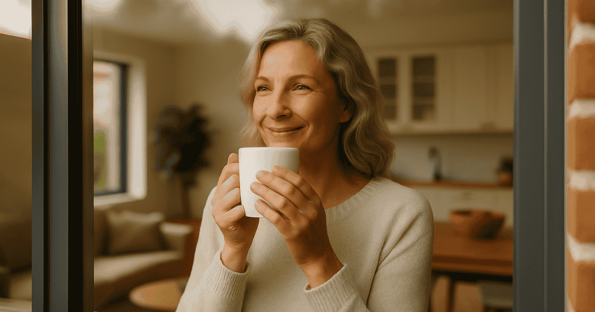 Smiling senior woman holding a coffee mug and looking out the window in her downsized home