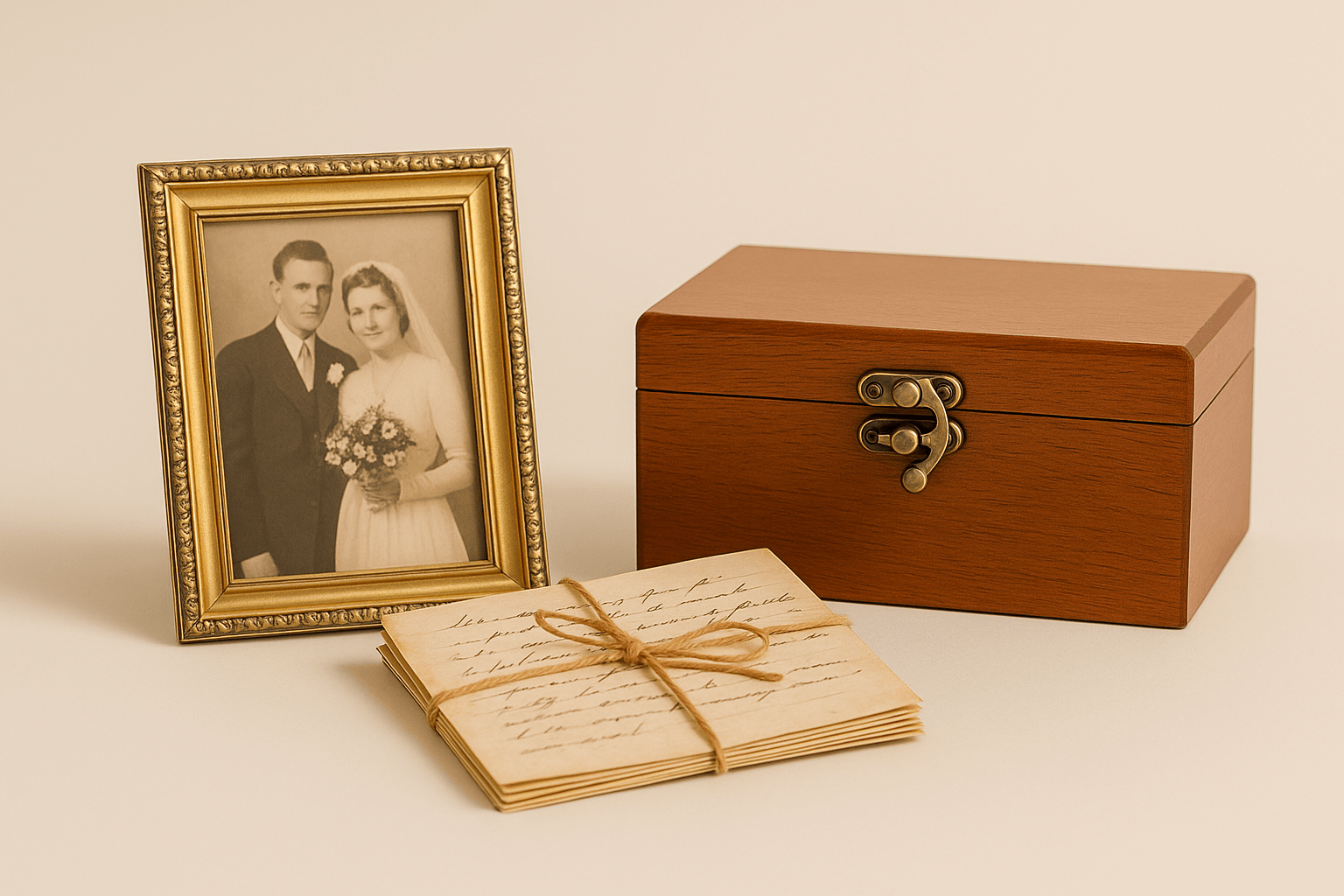 Hands holding an old wedding photo above scattered letters during the downsizing process