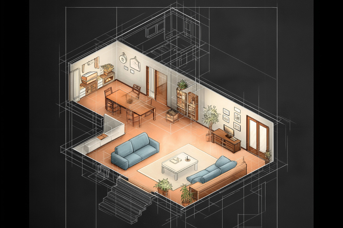 "Detailed blueprint-style image of a furnished home interior representing downsizing planning and vision"