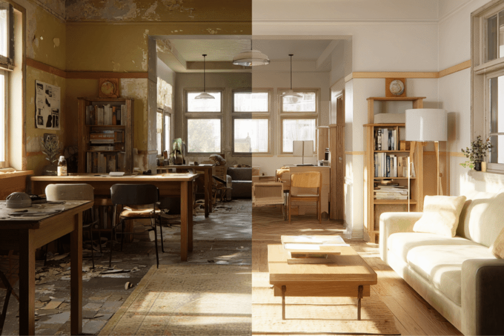 "Split image showing a cluttered, worn room transforming into a bright, updated living space as part of the downsizing process"