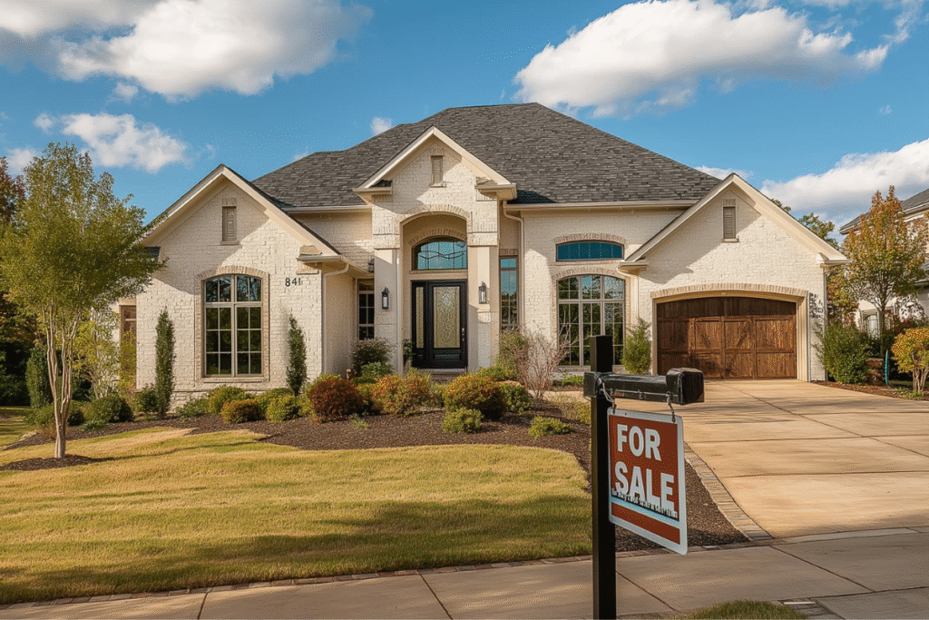 "Modern single-story home with a For Sale sign in front, representing the final step in the downsizing process"
