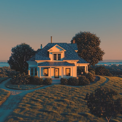 "Charming home on a hill at sunset, representing the destination at the end of the downsizing journey"