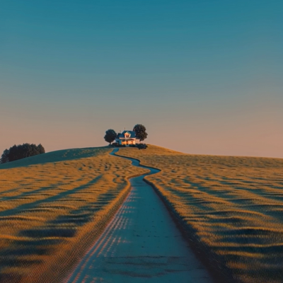 "Dirt path stretching into the horizon under a warm sky, symbolizing the journey toward a new home"