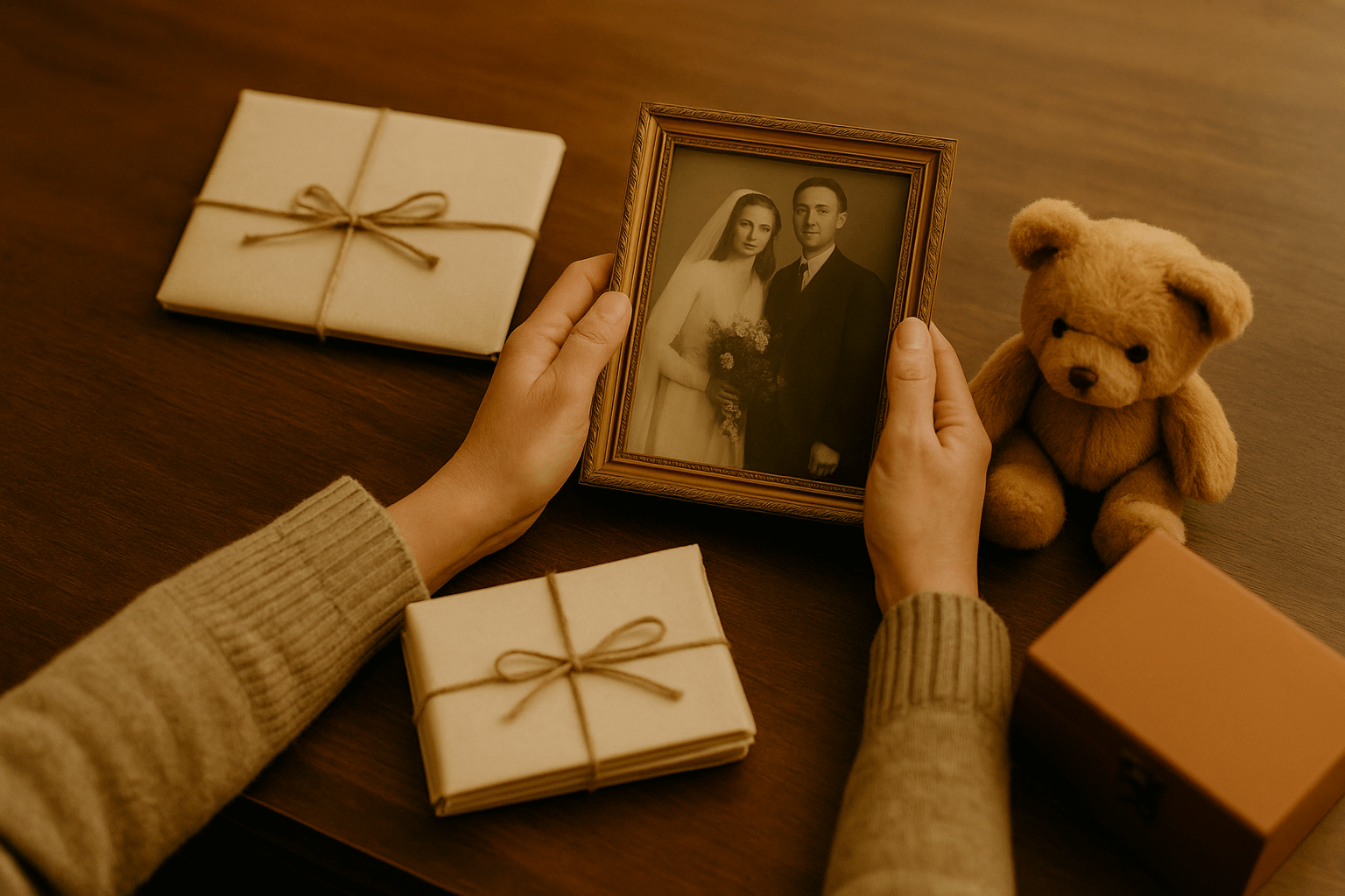 Hands holding an old family photo while sorting sentimental items during downsizing