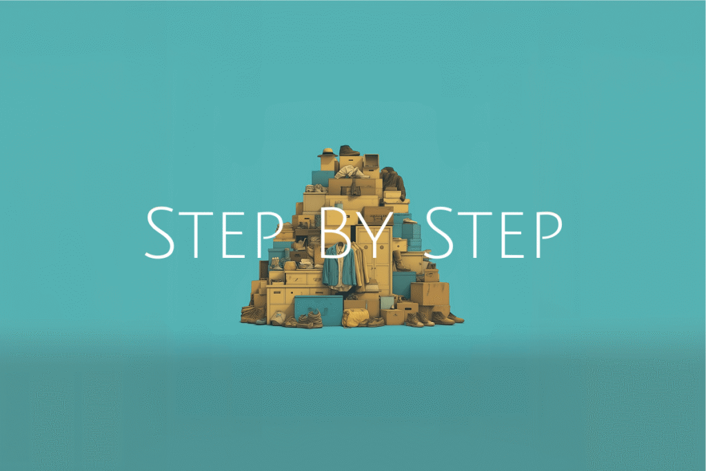 "Stacked boxes and household items forming a pyramid with the words Step-by-Step, symbolizing the downsizing process"