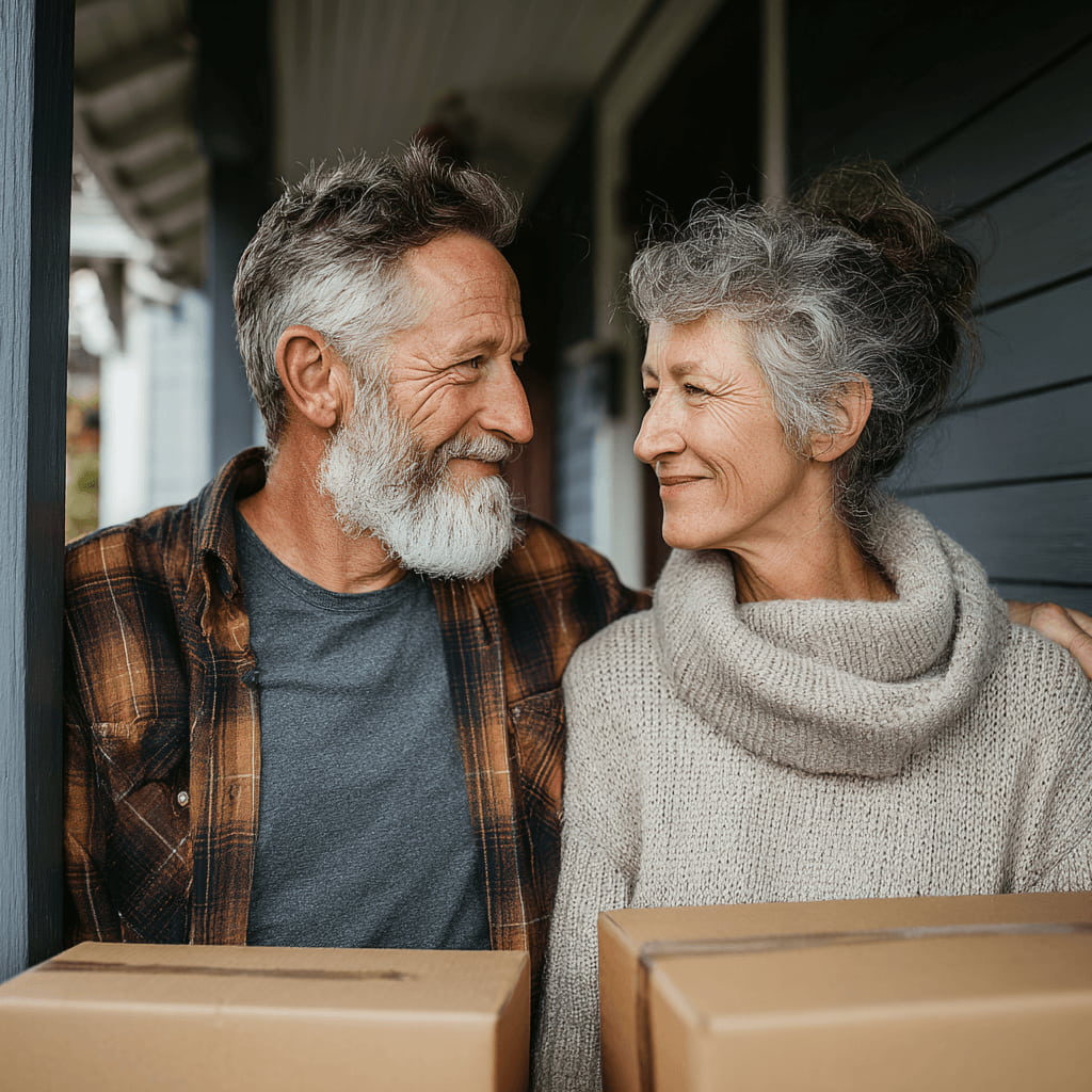 Smiling senior couple standing with moving boxes during a downsizing transition
