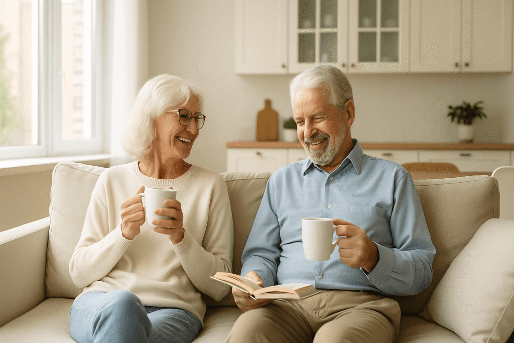 Happy senior couple enjoying coffee together in their cozy right sized home