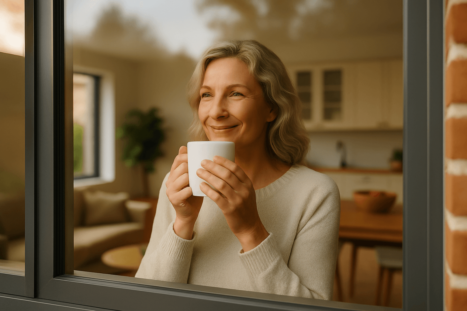 Smiling senior woman holding a coffee mug and looking out the window in her downsized home