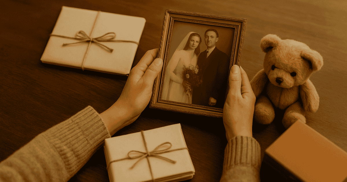 Hands holding an old family photo while sorting sentimental items during downsizing
